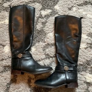 Tory Burch leather upper riding boots, used condition with minor scuffs, size 6